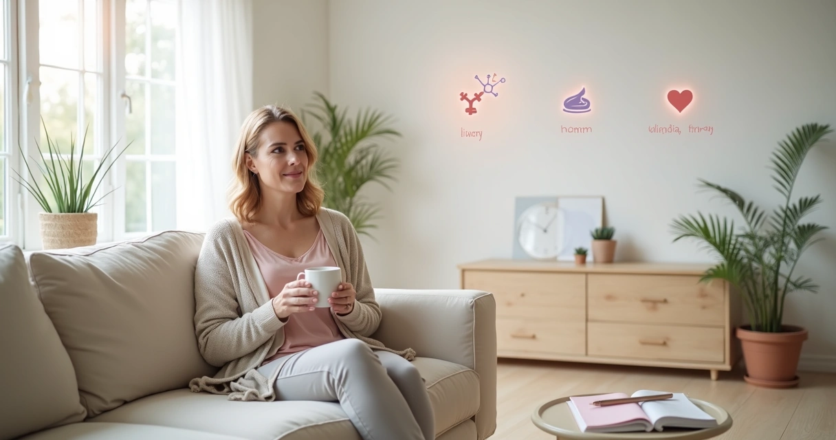 Mulher relaxa em sala espaçosa com ícones sutis de hormônios ao fundo 