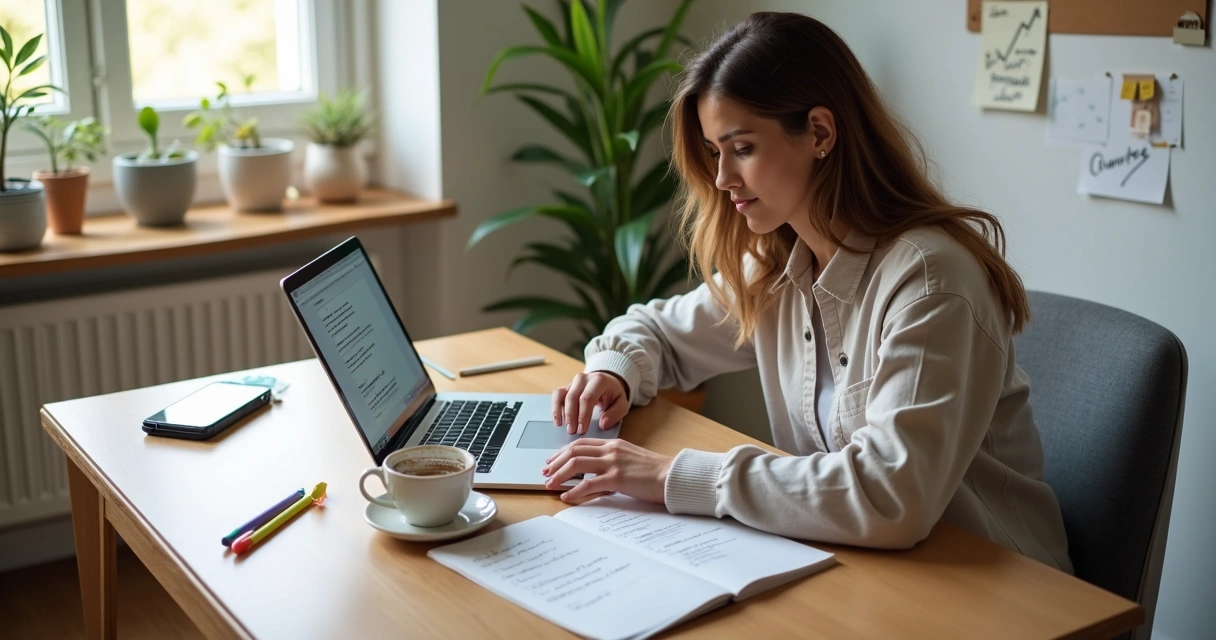 Mulher escrevendo em notebook com rascunhos e café em mesa de trabalho 