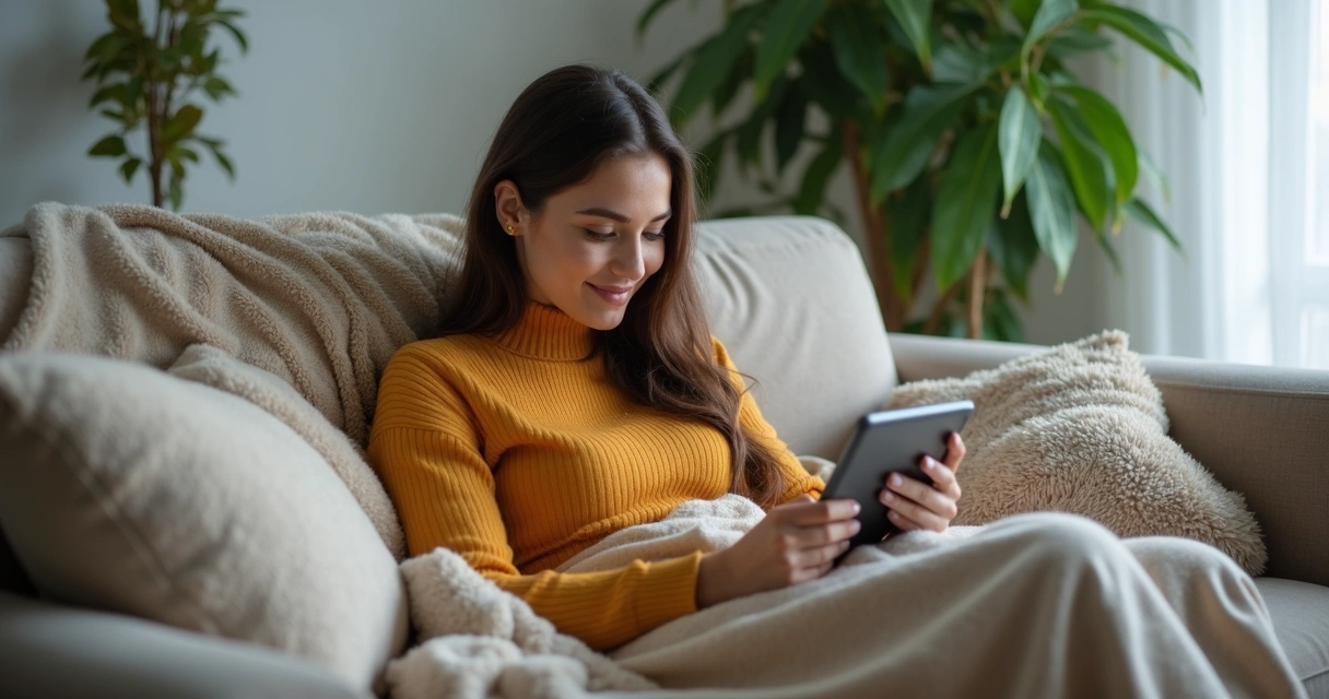 Mulher testando aplicativo em tablet, sofá aconchegante, plantas ao fundo 