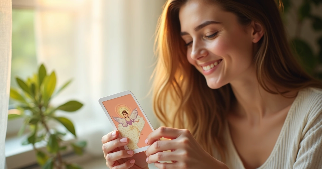 Mulher sorrindo enquanto tira uma carta dos anjos 