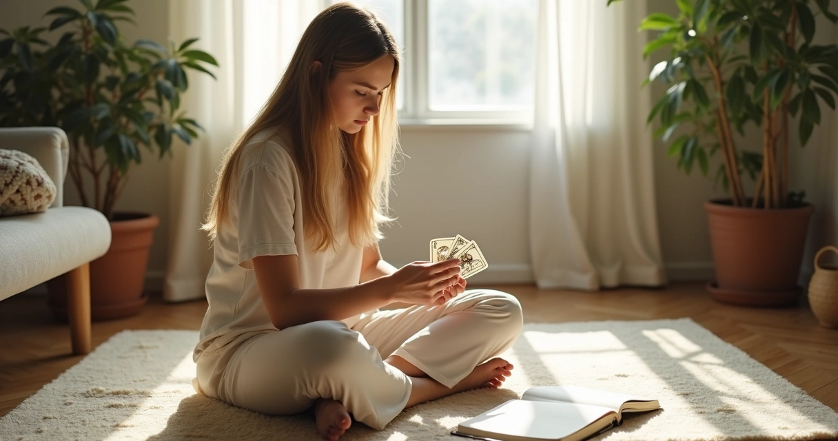 Mulher jovem embaralhando cartas de tarot sob luz da manhã