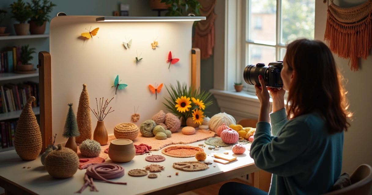 Mulher tirando foto de produtos artesanais para banco de imagens 