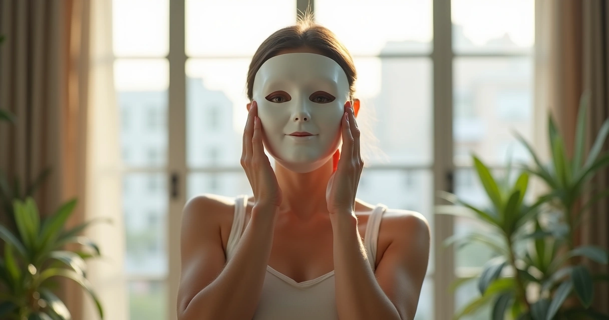 Pessoa adulta tirando uma máscara branca diante de uma janela iluminada 