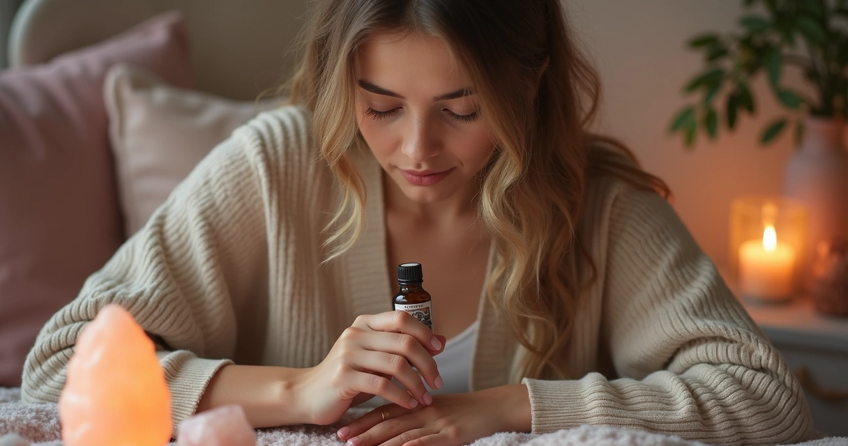 Mulher tirando carta de tarot e inalando aroma relaxante 