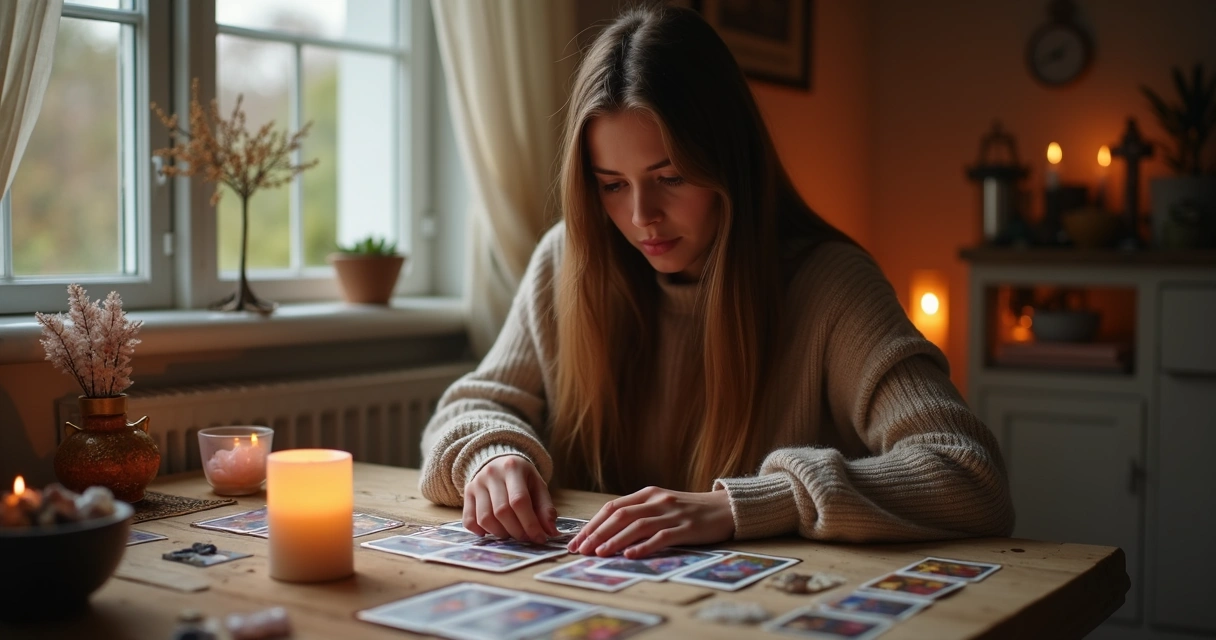 Mulher consultando cartas de tarot sentada em mesa com cristais e vela 