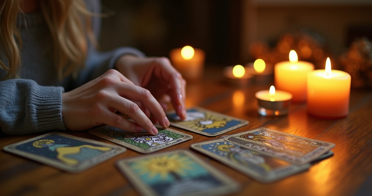 Mulher tirando cartas de tarot sobre uma mesa com velas acesas 