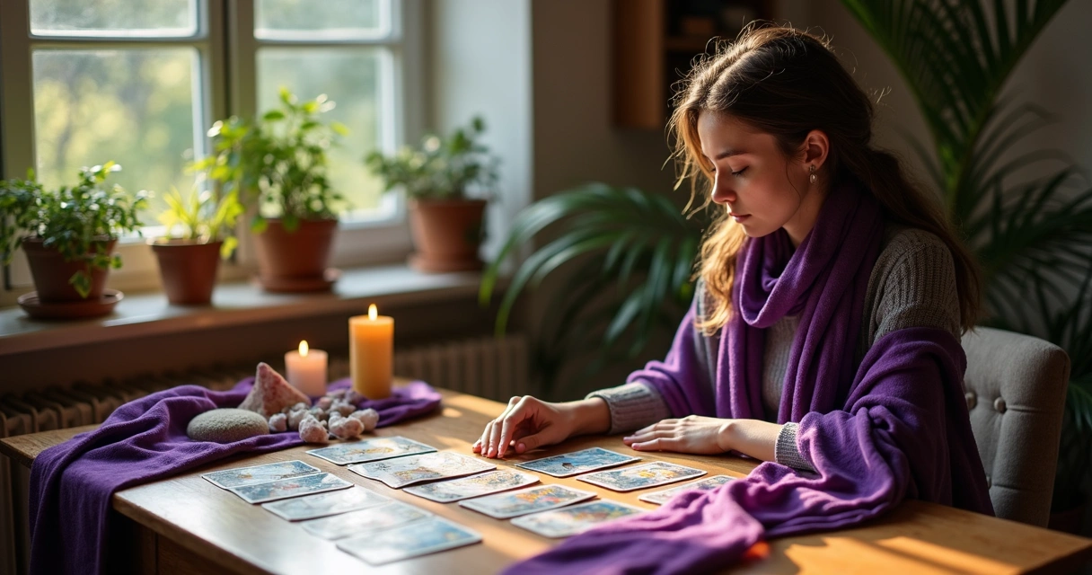 Mulher sentada com cartas de tarot na mesa em momento de reflexão 
