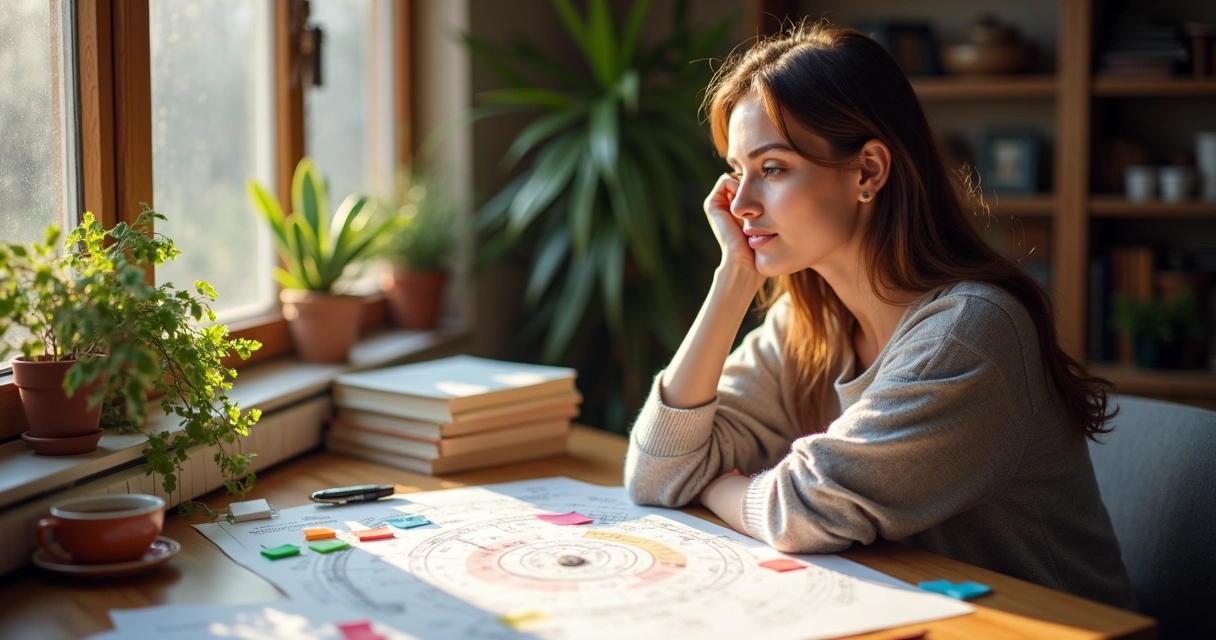 Mulher segurando mapa astral refletindo sobre tomada de decisão 