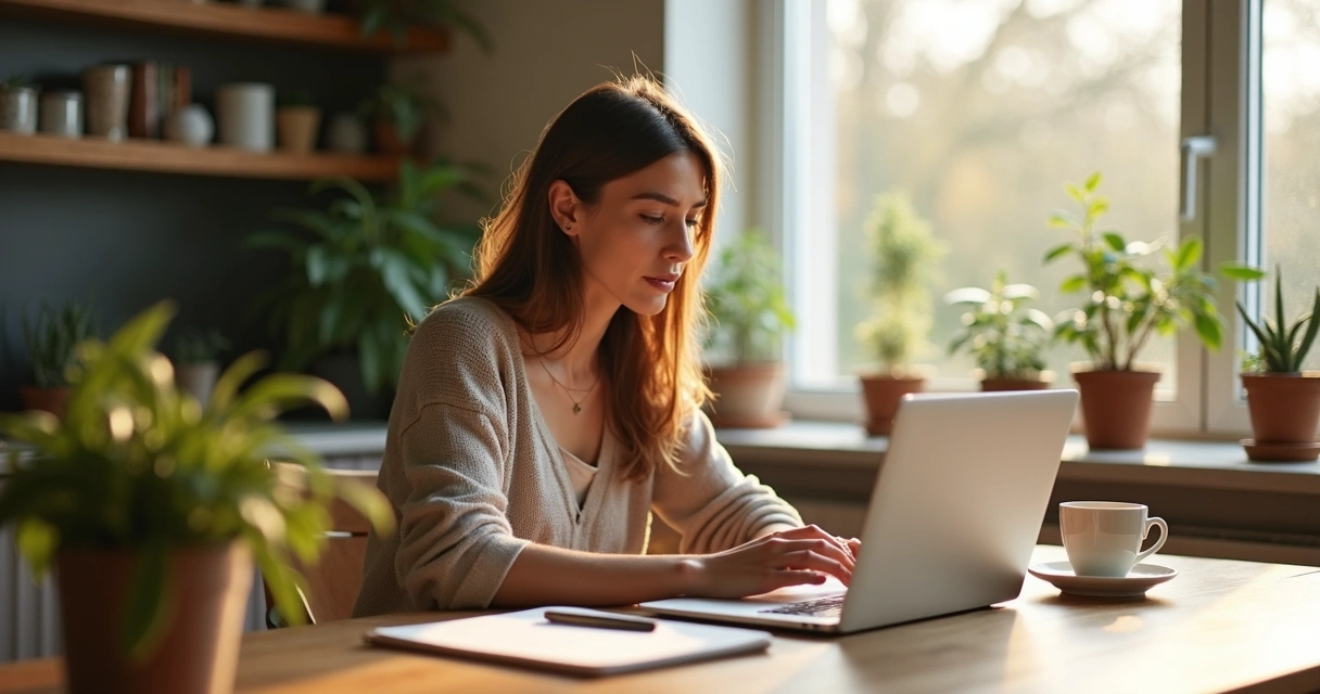Mulher sentada à mesa com laptop e bloco de notas, trabalhando de casa 
