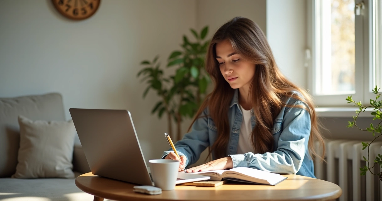 Mulher sentada em mesa com notebook, agenda e xícara de café, trabalhando em casa