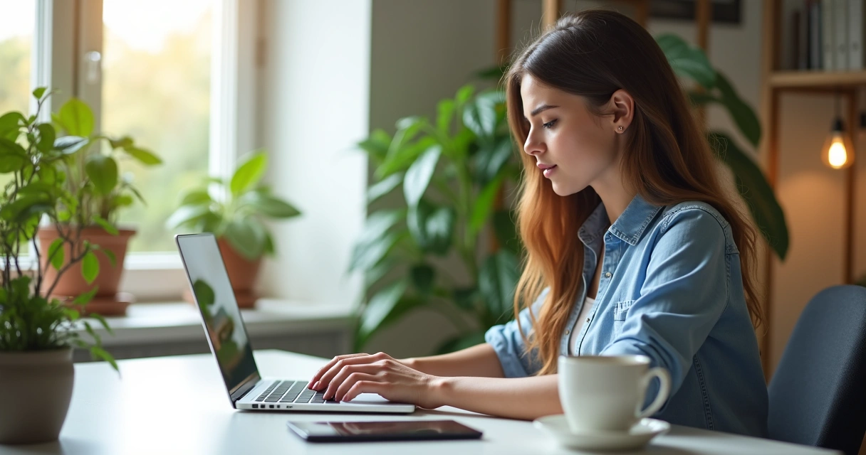 Mulher jovem trabalhando em laptop com café ao lado em ambiente moderno e iluminado 