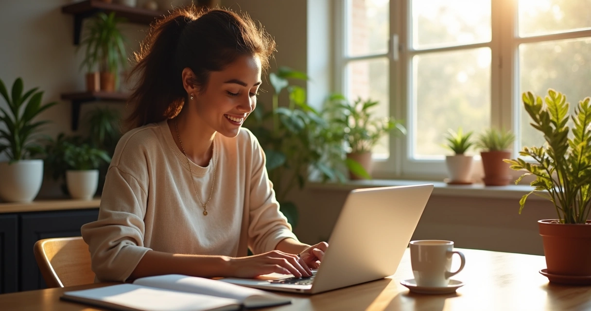 Mulher em casa trabalhando em notebook com xícara de café