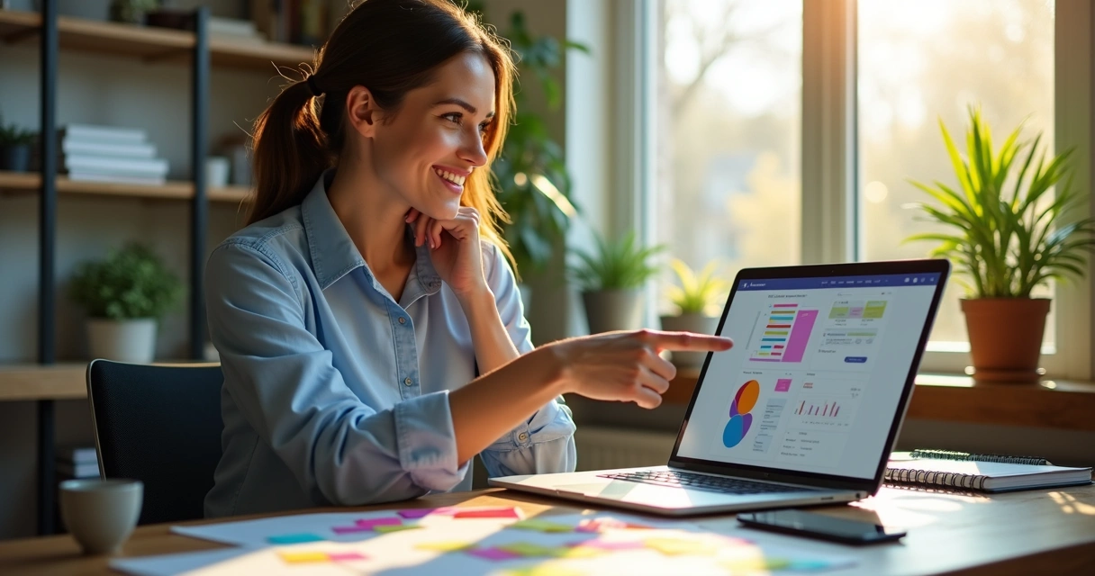 Mulher gesticulando para tela de notebook com gráficos digitais 
