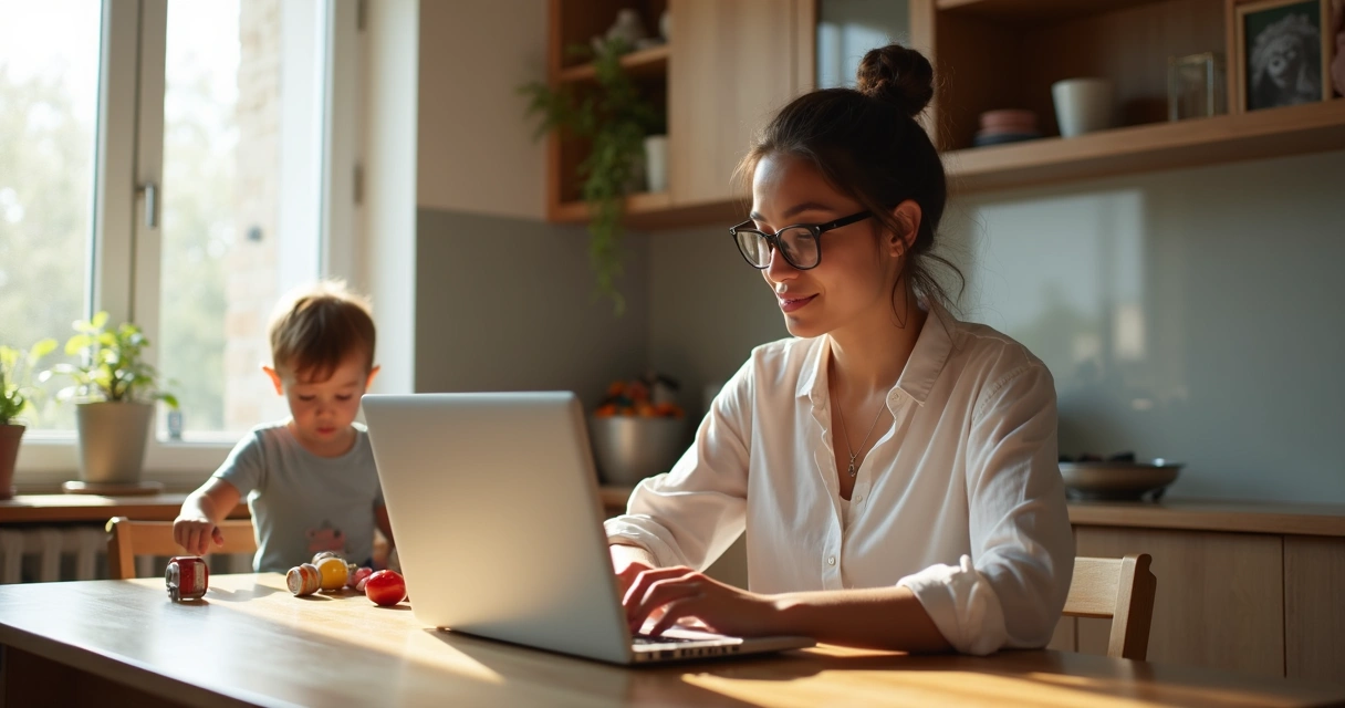 Mulher trabalhando em casa com notebook, criança brincando ao fundo 