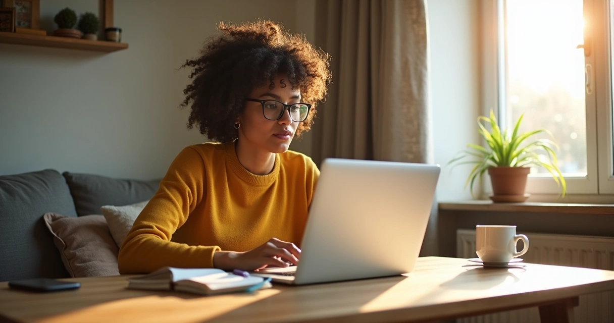 Mulher sentada em casa trabalhando com notebook e anotações ao lado