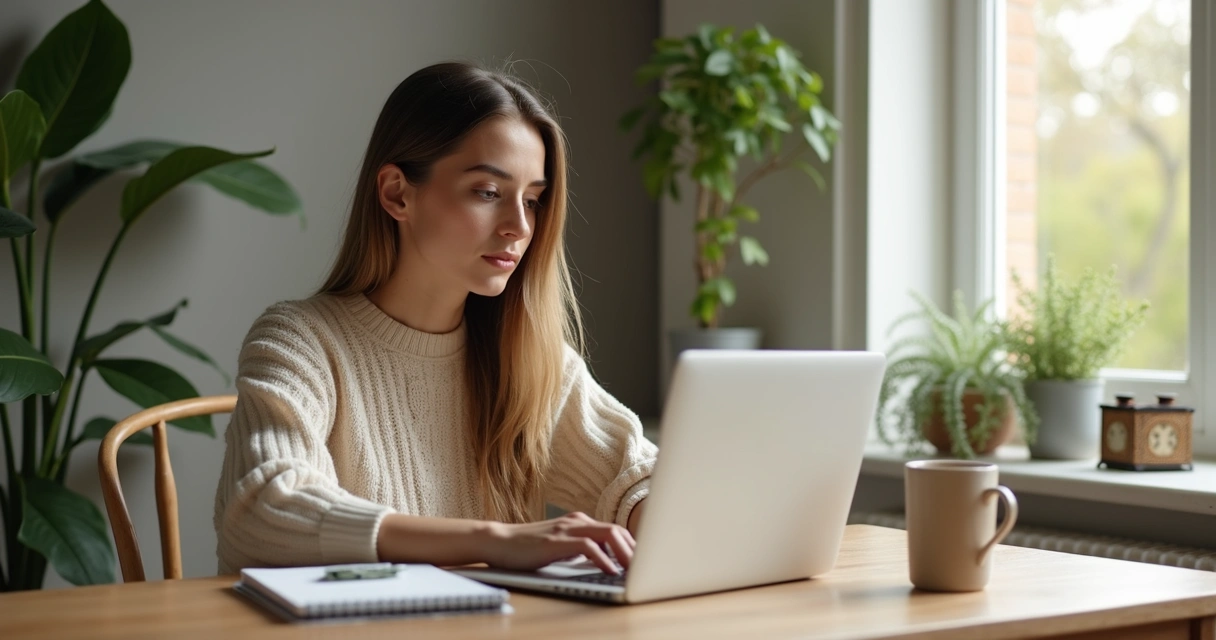 Mulher sentada à mesa trabalhando em laptop, com caderno e xícara ao lado