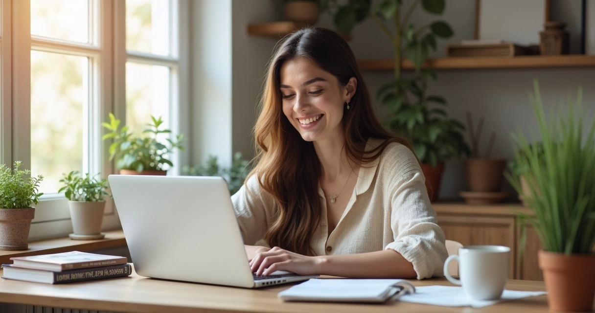 Mulher sorrindo trabalhando em computador em casa 