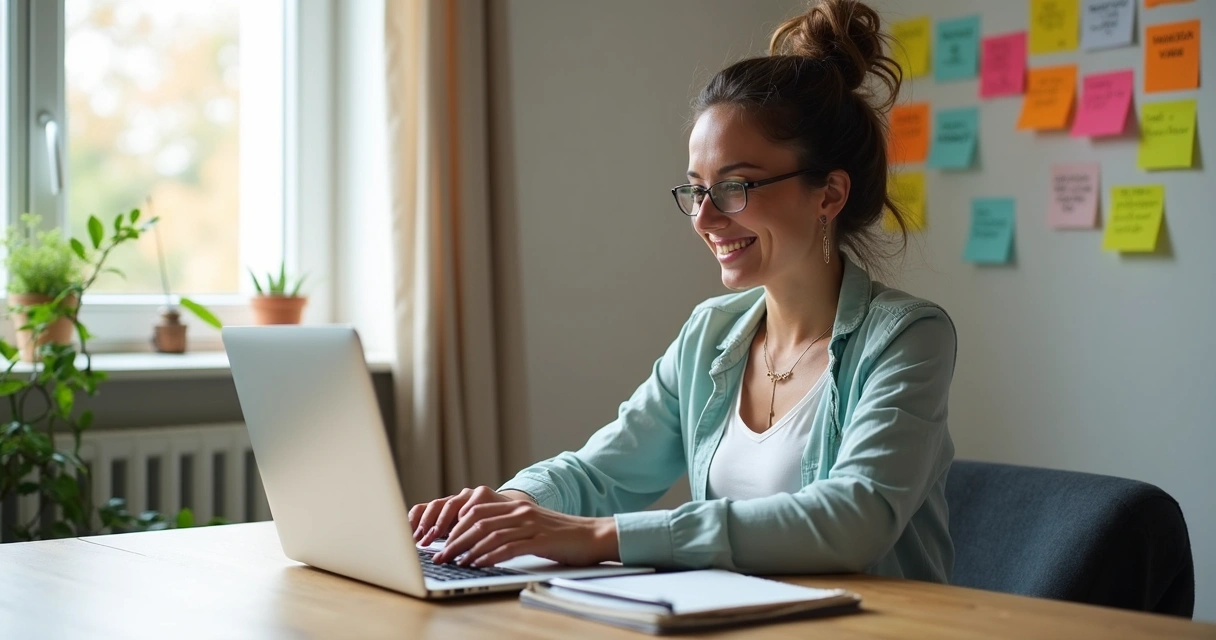 Mesa com notebook e mulher em chamada de vídeo com cliente 