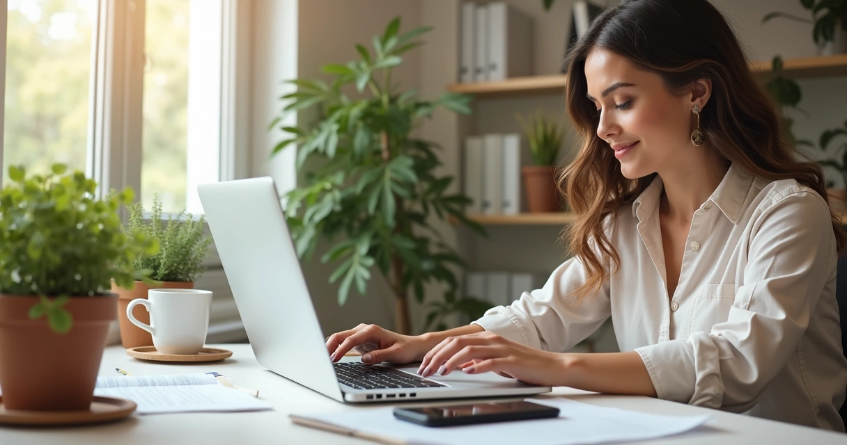 Mulher trabalhando com laptop em home office moderno com decoração aconchegante 