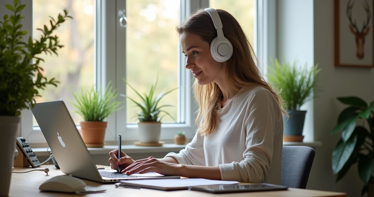 Mulher trabalhando em home office com fone de ouvido e caderno 