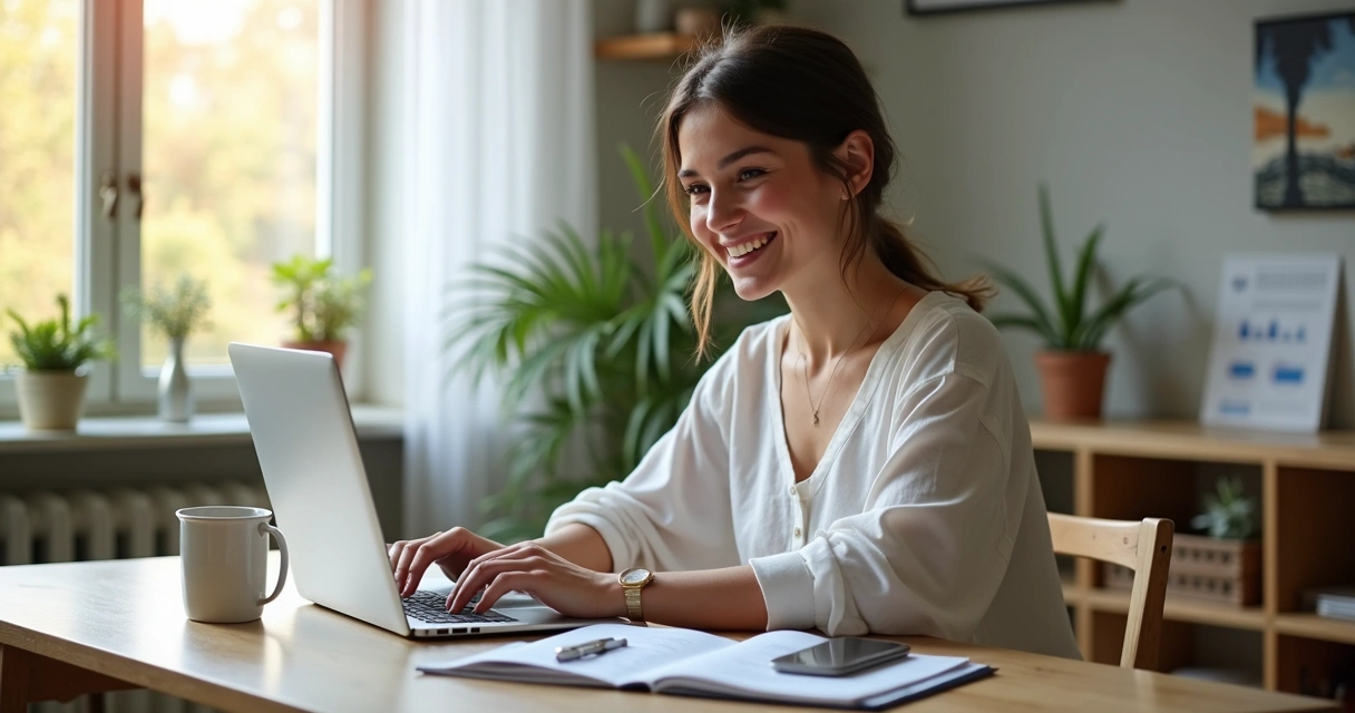 Mulher trabalhando de casa em um notebook, ao lado de plantas e café 