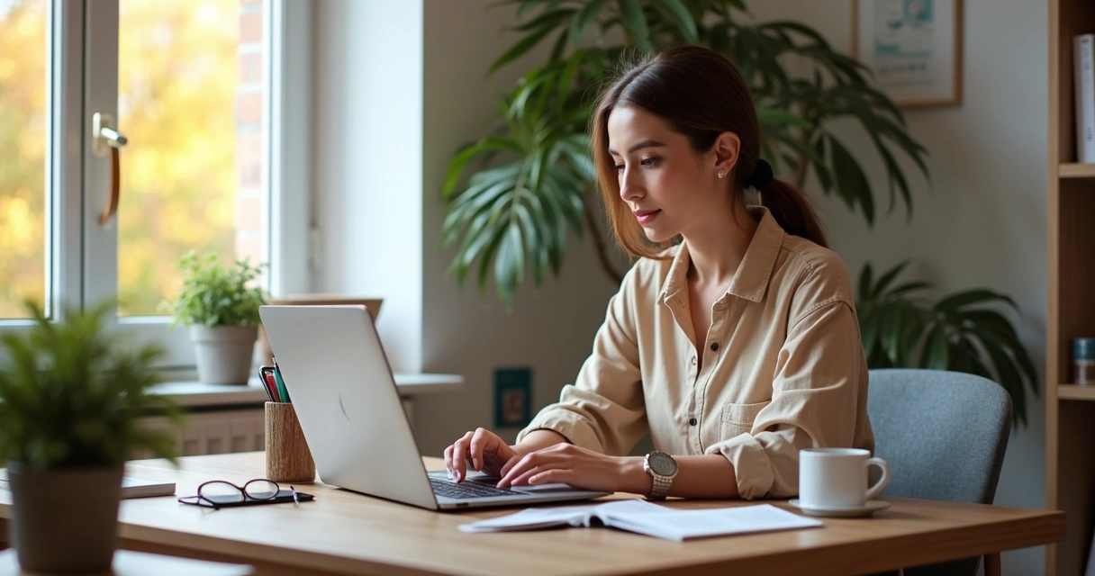 Mulher trabalhando em home office com laptop e caderno em mesa organizada 