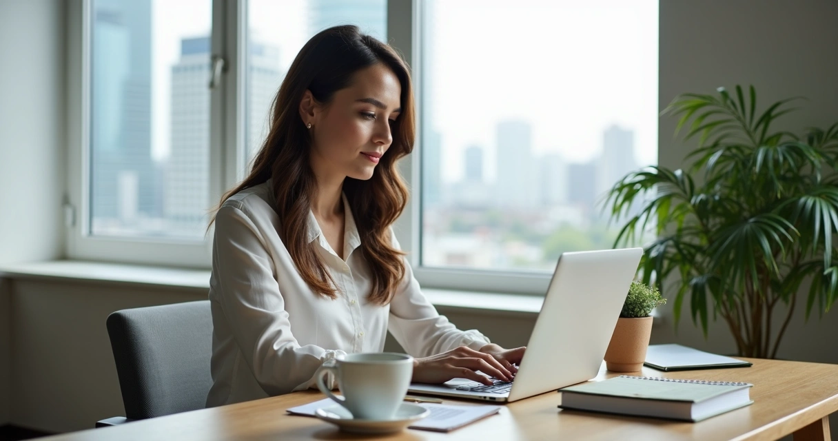 Advogada trabalhando em home office com notebook 