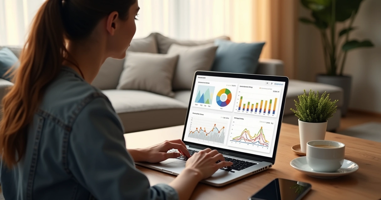 Mulher usando notebook em mesa de casa, analisando gráficos do Instagram na tela 