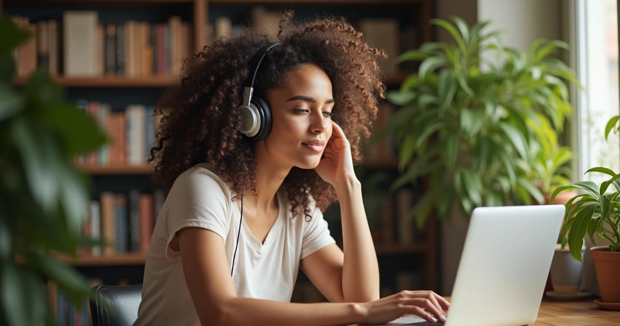 Mulher de cabelos cacheados trabalhando no notebook com fones de ouvido, mesa de madeira, fundo com prateleiras de livros e plantas. 