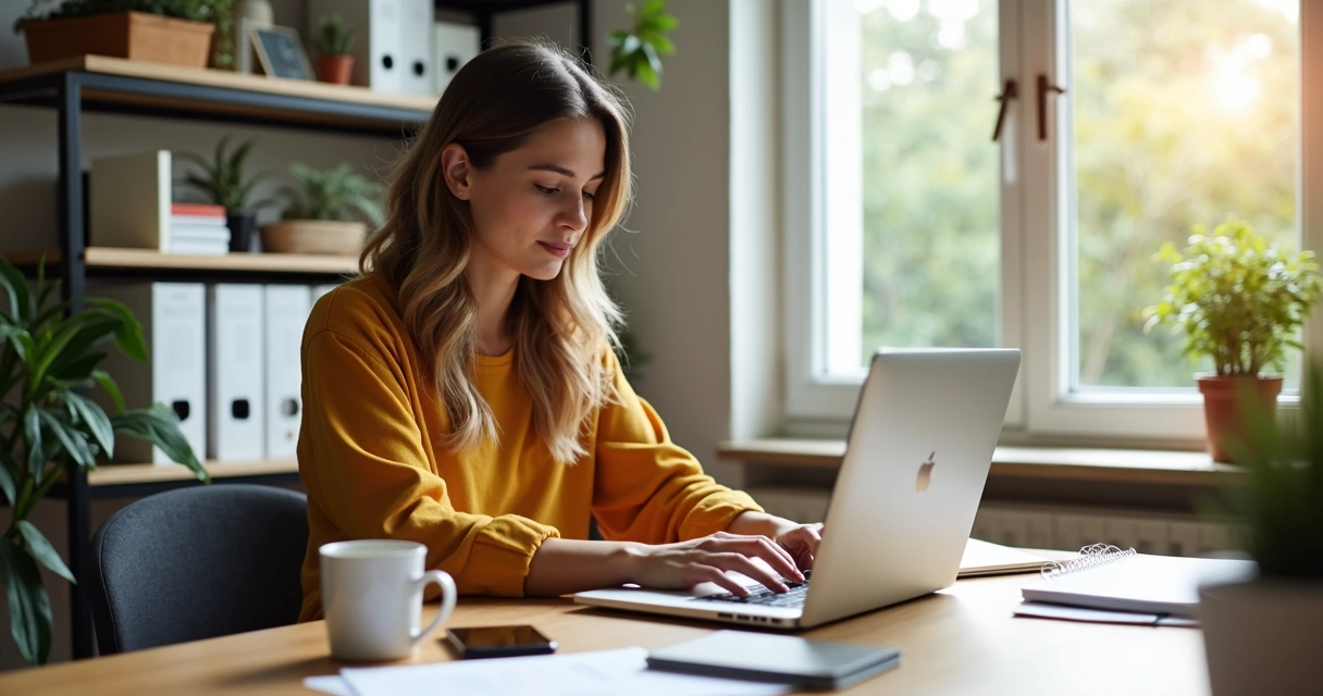 Mulher jovem trabalhando em laptop em uma mesa de madeira, ambiente iluminado e organizado 