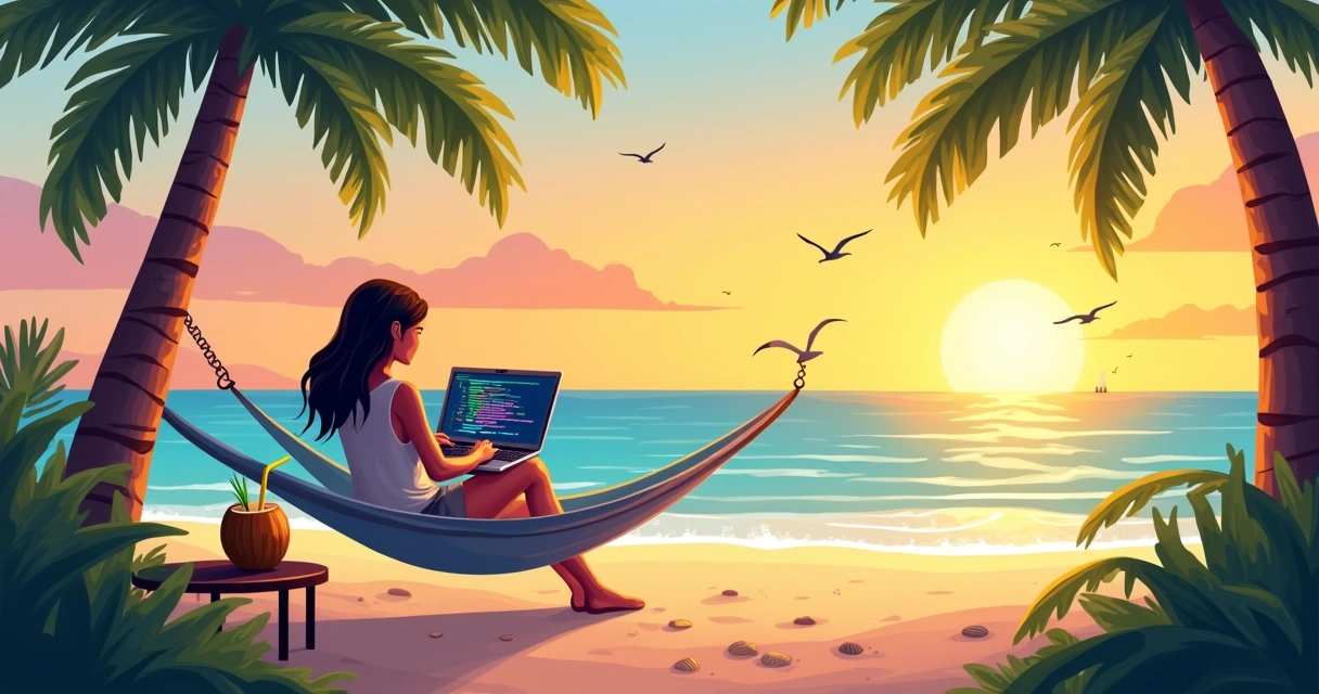 Mulher trabalhando em um laptop em uma rede na praia, ao pôr do sol. Bebida de coco ao lado.