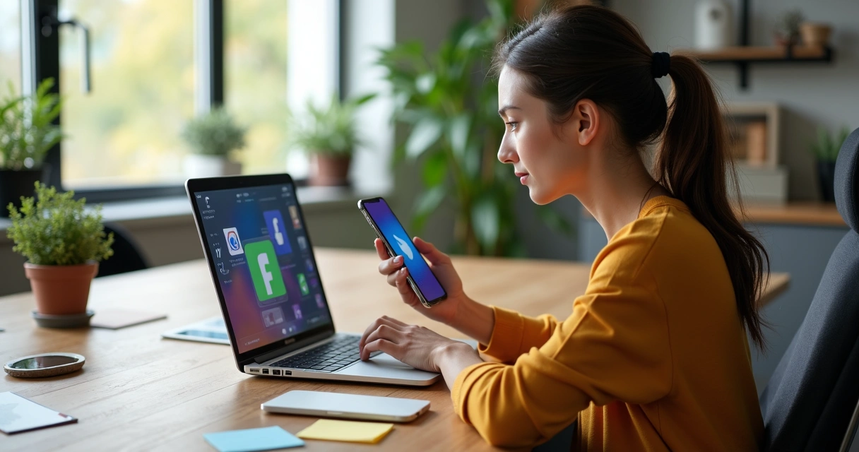 Mulher usando notebook e celular com telas de redes sociais abertas
