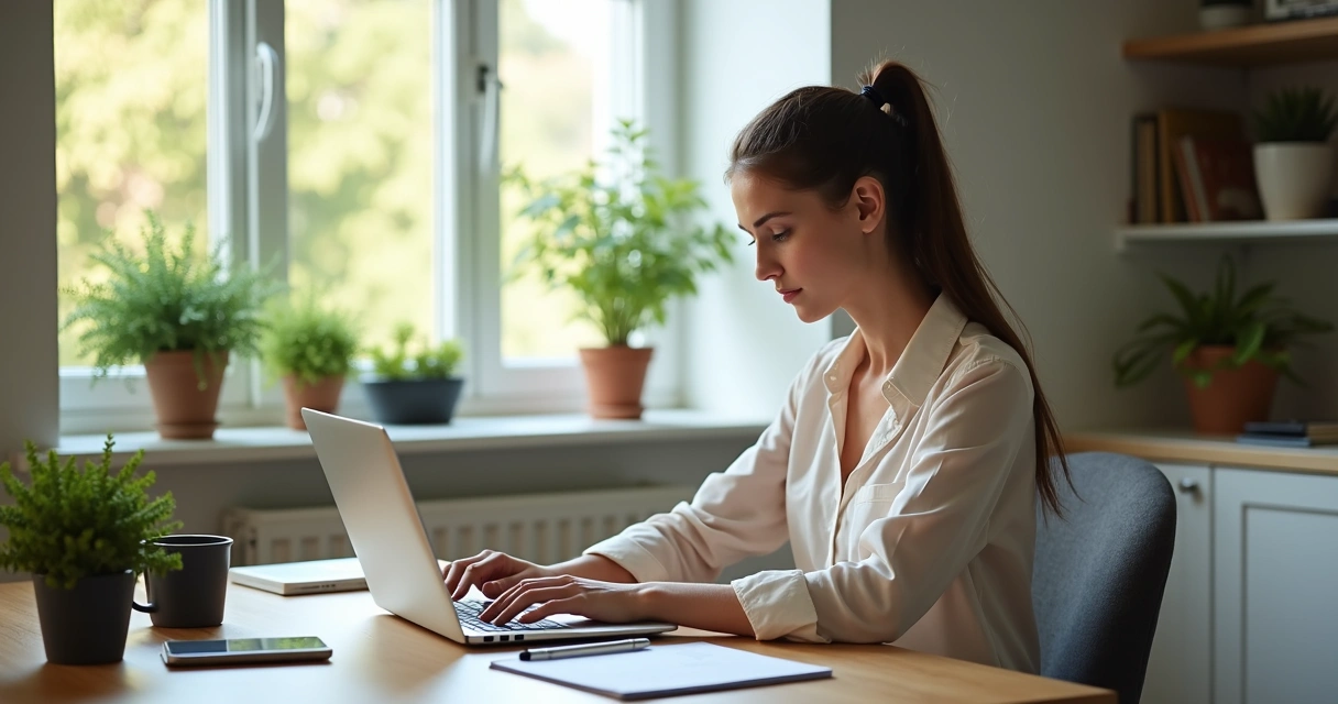 Mulher trabalhando em home office com laptop e cadernos, ambiente organizado com plantas e luz natural 