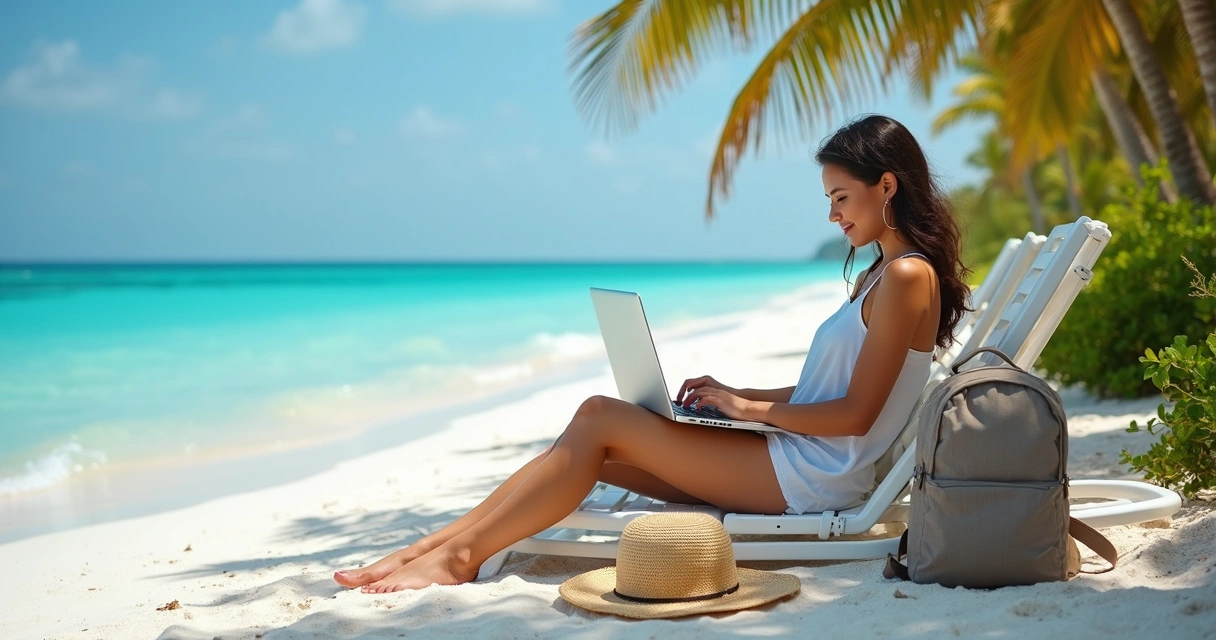 Mulher jovem em cadeira de praia usando notebook à beira-mar 