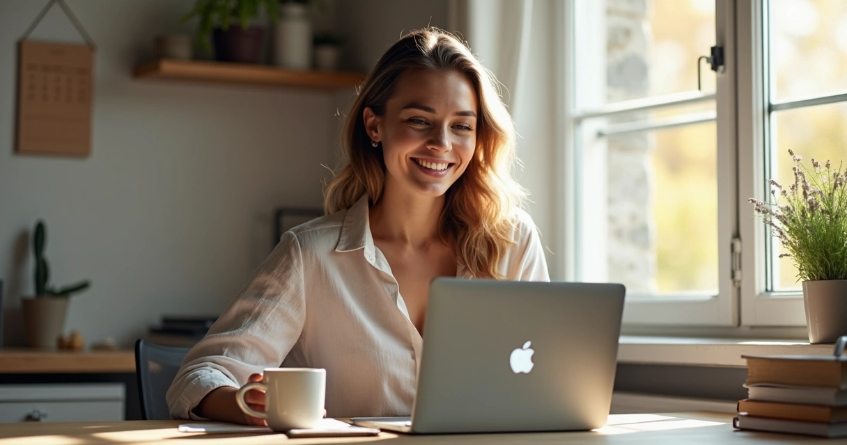 Mulher sorrindo trabalhando com notebook e café 