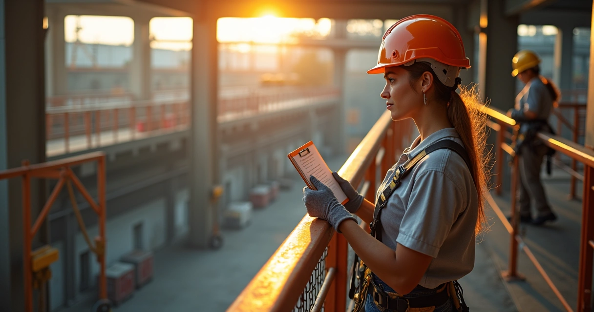 Mulher usando EPI em estrutura metálica industrial, cenário claro