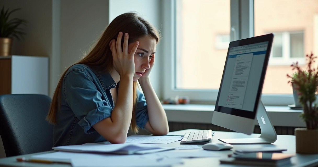 Mulher sentada à mesa de trabalho com expressão preocupada, apoiando a cabeça nas mãos 