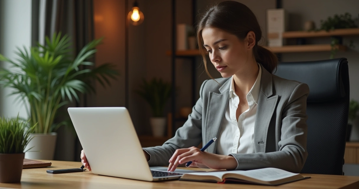 Mulher lendo a Bíblia no ambiente de trabalho, mesa com computador e caderno
