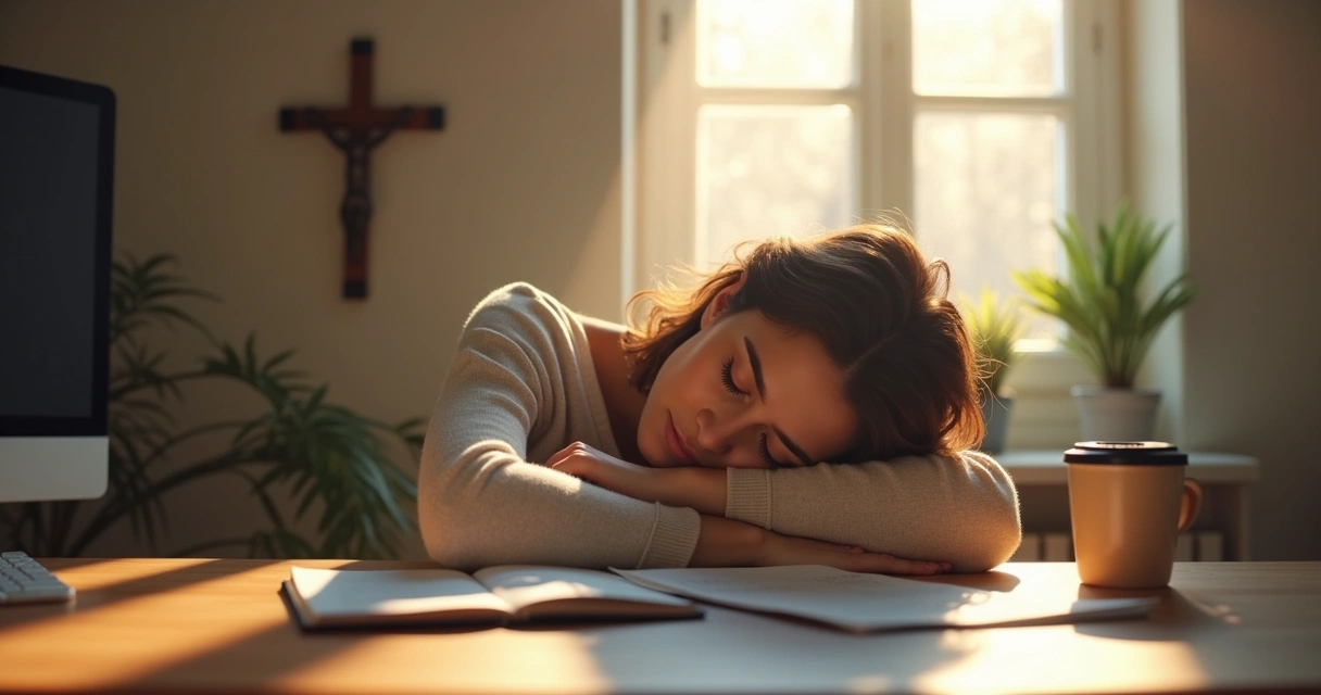 Mulher cristã descansando a cabeça sobre os braços na mesa do trabalho, em ambiente iluminado 