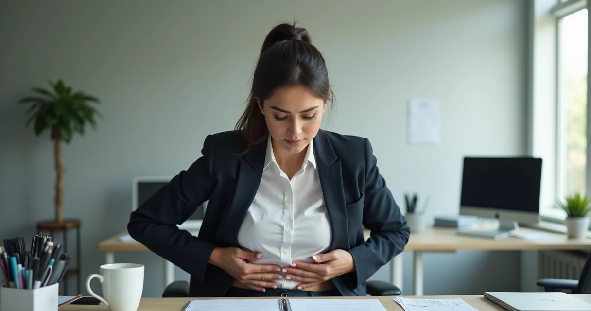 Mulher sentada à mesa de trabalho com expressão de dor, segurando o abdômen, ao fundo ambiente de escritório. 