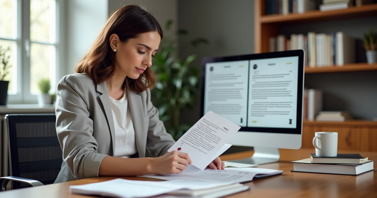 Mulher sentada à mesa traduzindo documentos oficiais 