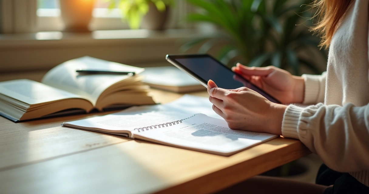 Mulher usando tablet para traduzir documento, dicionários e cadernos ao lado 