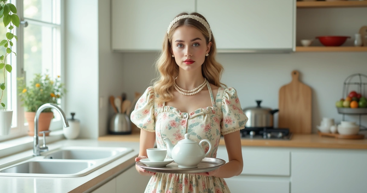 Mulher jovem em vestido vintage em cozinha moderna cercada por ícones de mídia social 