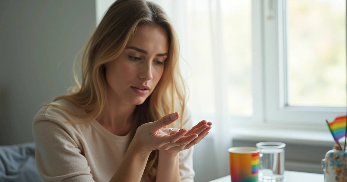 Mulher trans segura comprimido de PrEP nas mãos