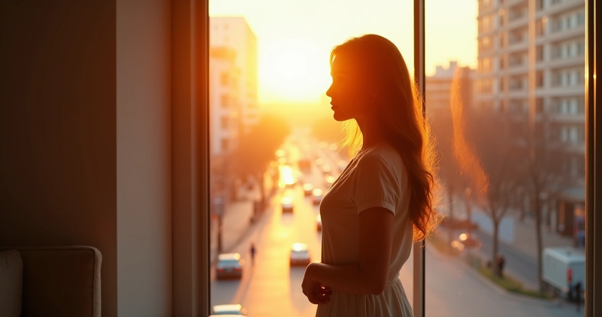 Mulher olhando pela janela com luz morna ao redor em ambiente urbano ao entardecer 