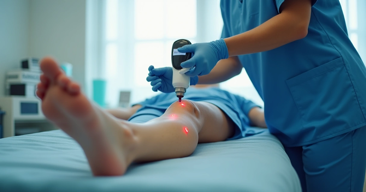 Mulher deitada recebendo tratamento de laser nas pernas 