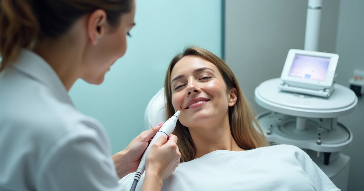 Profissional aplicando tratamento para redução de papada em mulher adulta 
