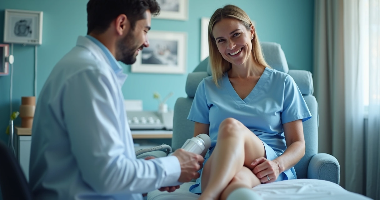 Mulher sorrindo durante tratamento de varizes a laser na clínica vascular. 
