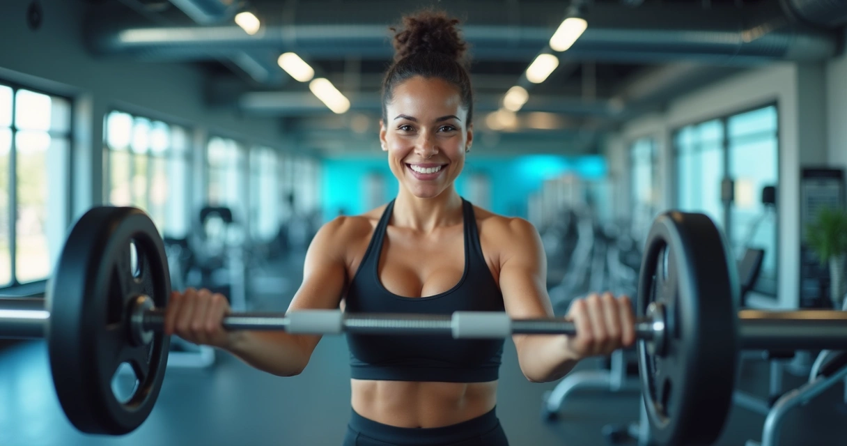 Mulher fazendo musculação em academia 