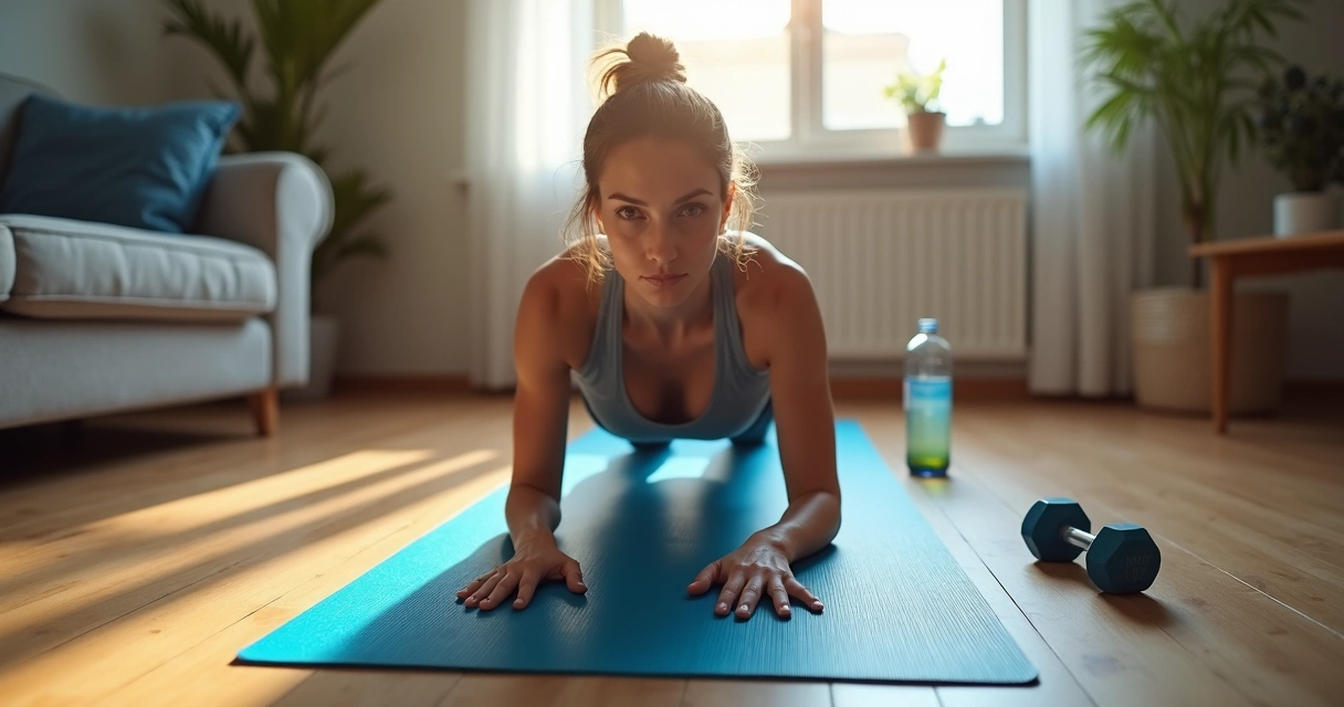 Mulher fazendo prancha abdominal sobre tapete de ioga em casa